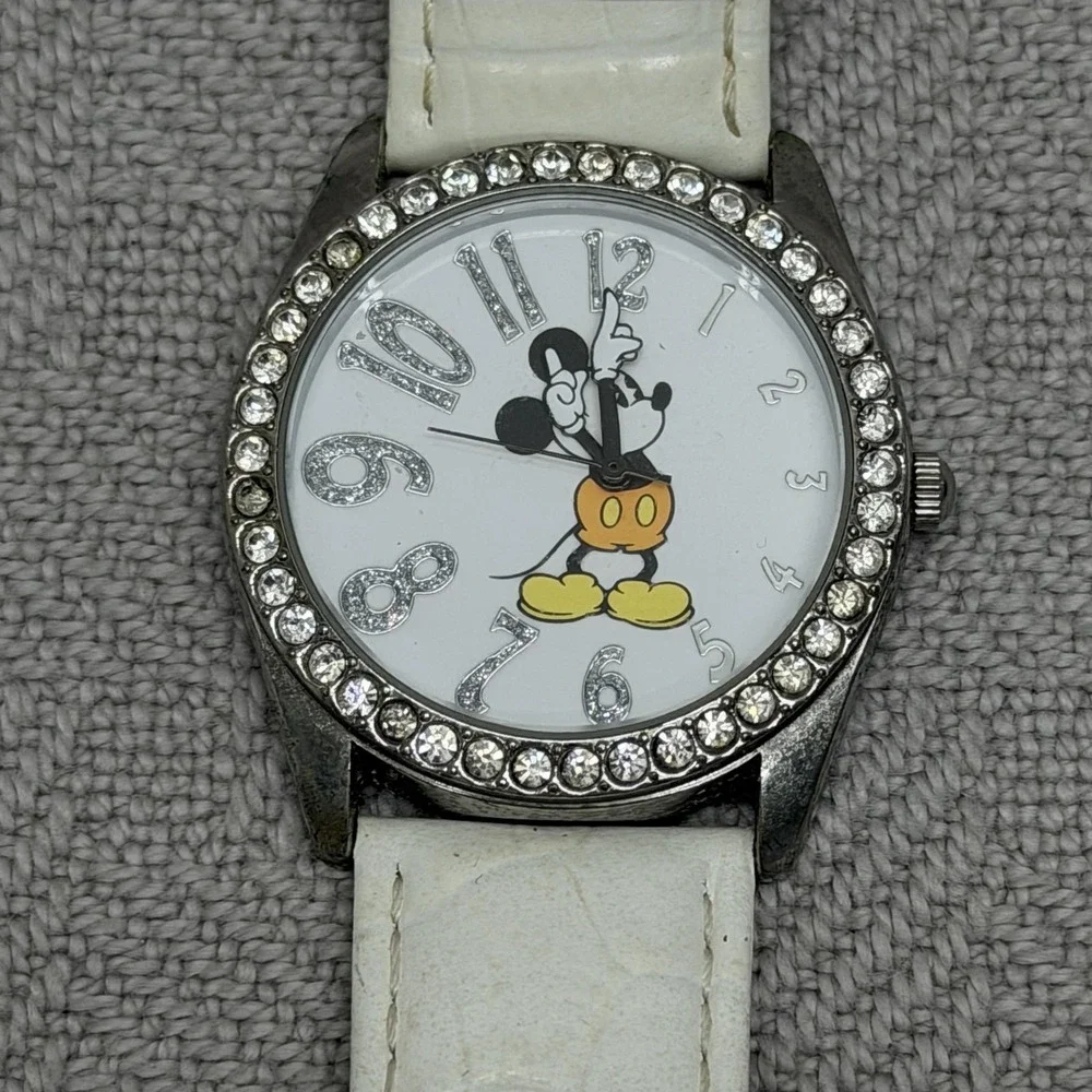 Disney Parks Womens Watch White Dial White Leather Strap Mickey Quartz